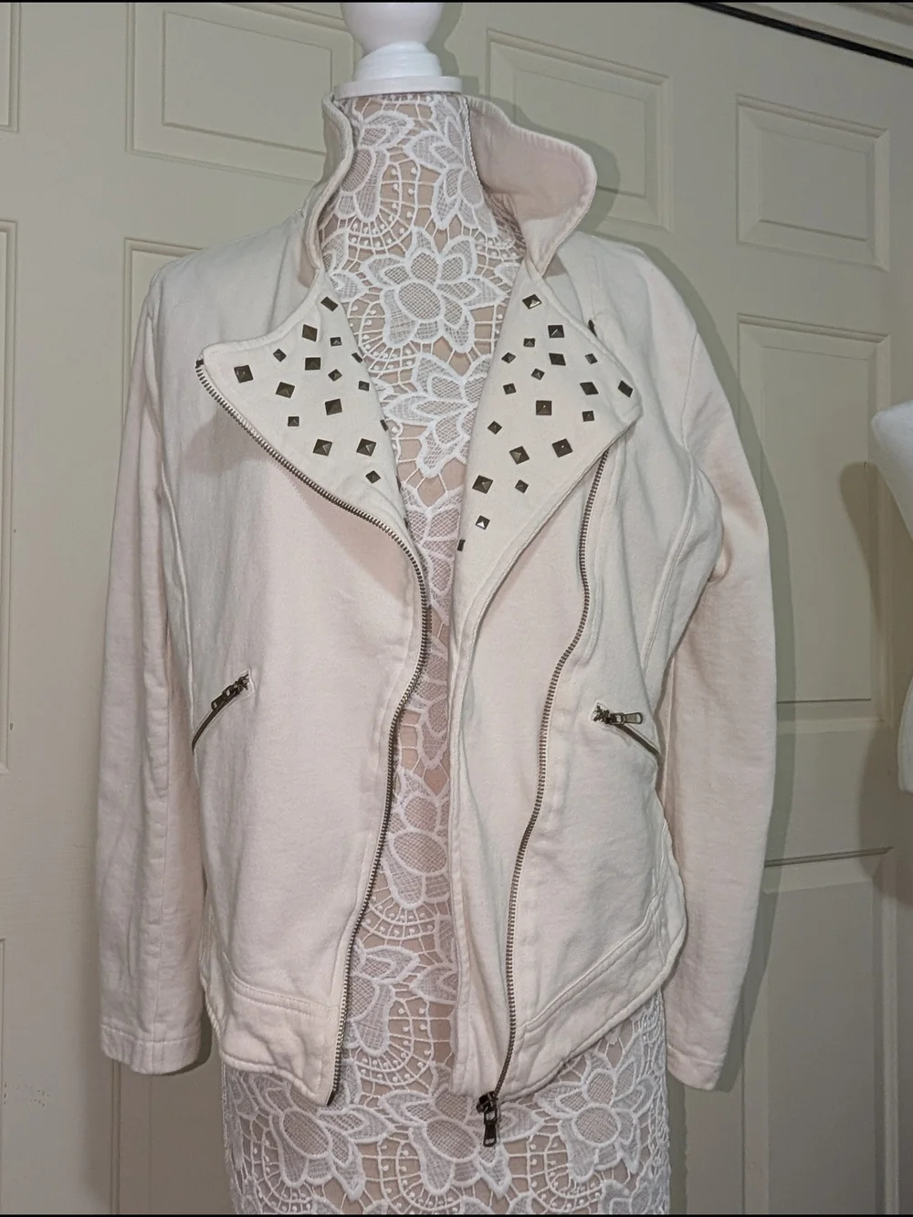 MNG by Mango Cream Studded Asymmetrical Moto Biker Jacket - Size L
